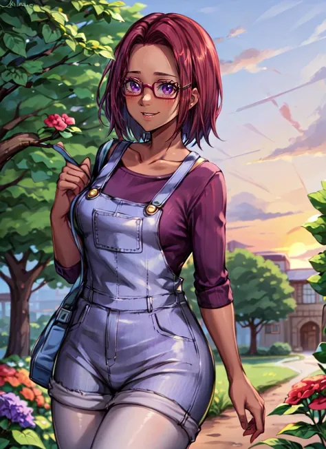 ((best quality)), ((highly detailed)), masterpiece, absurdres, (detailed eyes, deep eyes), <lora:more_details:.6>, (1girl), upper body, <lora:maru:1>, maru, (dark skin), red hair, short hair, purple eyes, glasses, smiling, overalls, purple shirt, pantyhose, (at a garden, sunset)