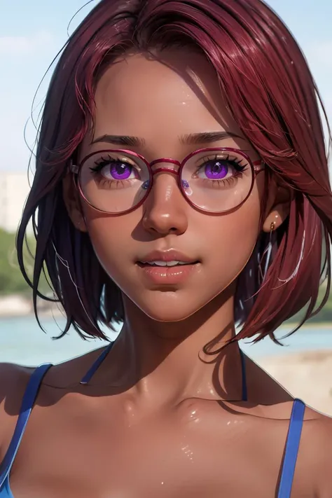 (masterpiece, best quality), 1girl, beautiful face,   <lora:maru:1> maru, dark skin, purple eyes, glasses, red hair, short hair,