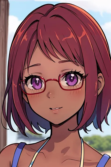 (masterpiece, best quality), 1girl, beautiful face,   <lora:maru:1> maru, dark skin, purple eyes, glasses, red hair, short hair,