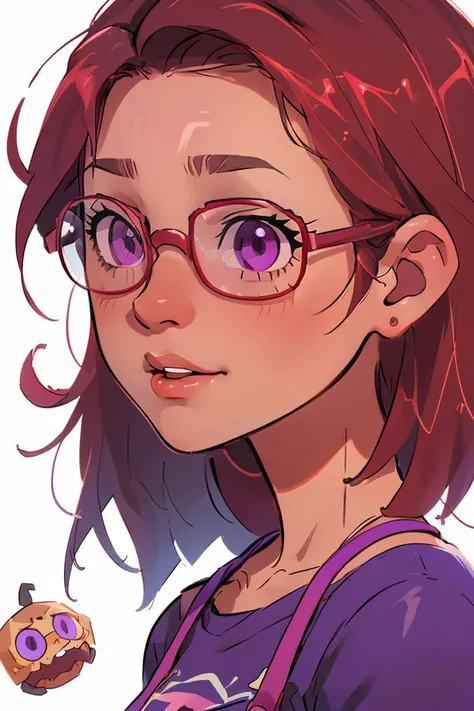 (masterpiece, best quality), 1girl, beautiful face,   <lora:maru:1> maru, dark skin, purple eyes, glasses, red hair, short hair,