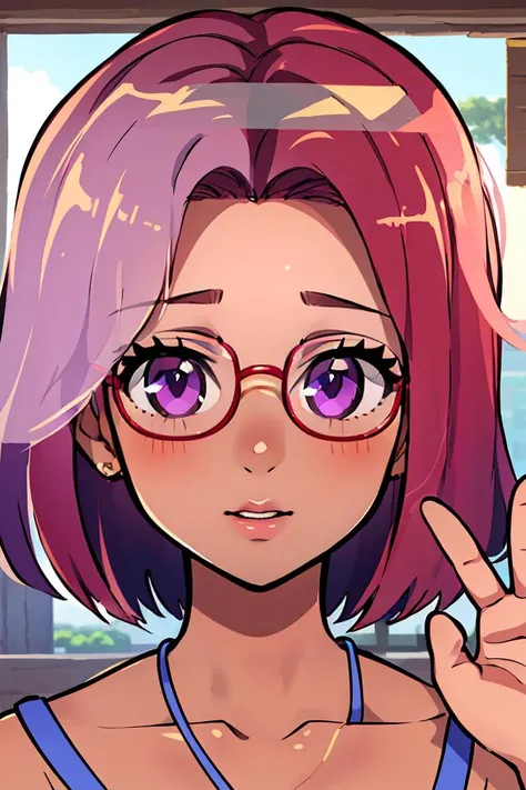 (masterpiece, best quality), 1girl, beautiful face,   <lora:maru:1> maru, dark skin, purple eyes, glasses, red hair, short hair,