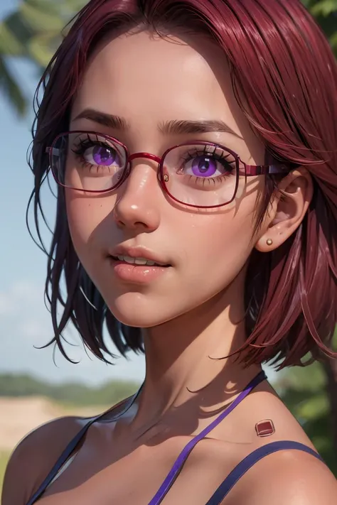 (masterpiece, best quality), 1girl, beautiful face,   <lora:maru:1> maru, dark skin, purple eyes, glasses, red hair, short hair,