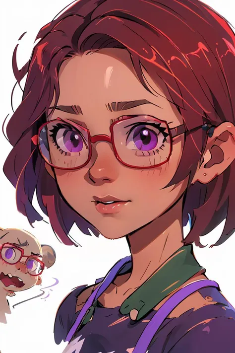 (masterpiece, best quality), 1girl, beautiful face, <lora:maru:1> maru, dark skin, purple eyes, glasses, red hair, short hair,