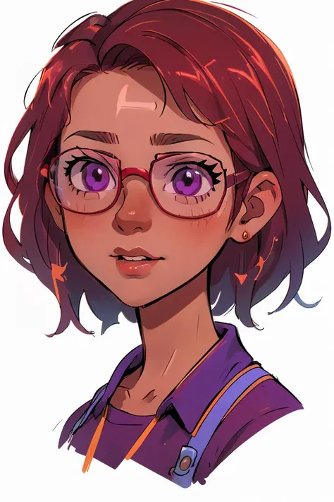 (masterpiece, best quality), 1girl, beautiful face,   <lora:maru:1> maru, dark skin, purple eyes, glasses, red hair, short hair,