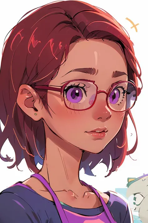 (masterpiece, best quality), 1girl, beautiful face, <lora:maru:1> maru, dark skin, purple eyes, glasses, red hair, short hair,