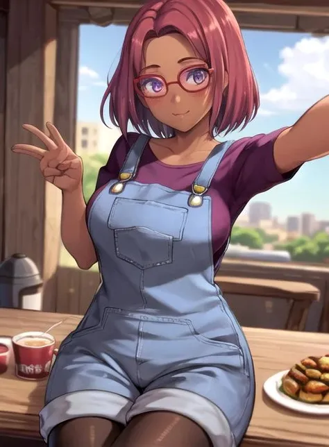 best quality, (masterpiece),(ultra-detailed), (high quality), (high resolution), <lora:maru:0.7>,1girl, arm support, blush, breasts, cropped torso, dark skin, day, food, glasses, happy birthday, looking at viewer, maru, pantyhose, pink hair, purple eyes, red hair, selfie, skirt, solo, star (symbol),short hair,overalls,