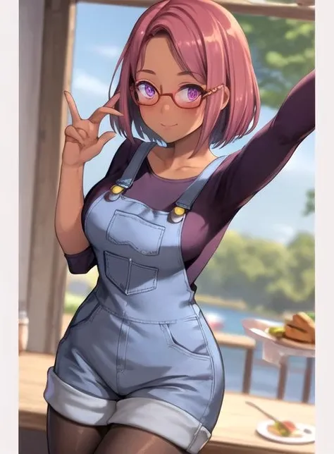 best quality, (masterpiece),(ultra-detailed), (high quality), (high resolution), <lora:maru:0.7>,1girl, arm support, blush, breasts, cropped torso, dark skin, day, food, glasses, happy birthday, looking at viewer, maru, pantyhose, pink hair, purple eyes, red hair, selfie, skirt, solo, star (symbol),short hair,overalls,