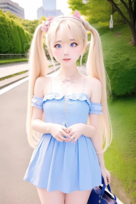 1girl, (VDS:1.2), asian, big eyes, very beautiful, twintails, flat chest, outside, city, sky, (skinny:1.3)