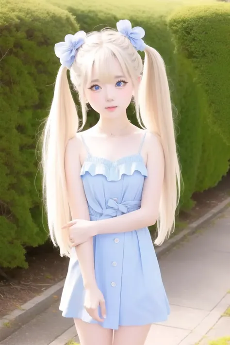 1girl, (VDS:1.2), asian, big eyes, very beautiful, twintails, flat chest, outside, city, sky, (skinny:1.3)