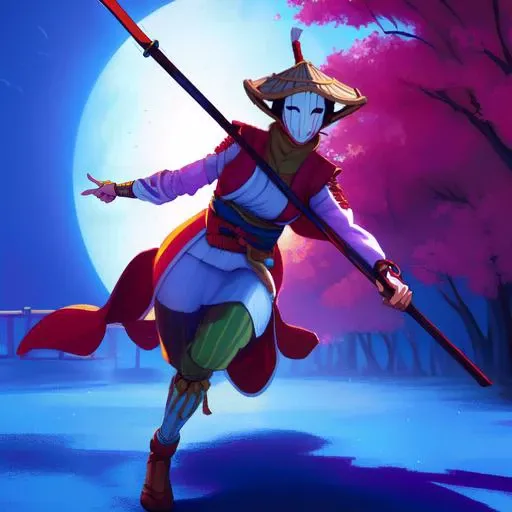 (highly detailed),digital art,((full body)), running:1.3,(masterpiece), ((pointing naginata)), ((wearing hat)),beautiful, digital art, (solo),<lora:Nobushi-08:0.9> fhnobu, 1girl, amigasa, japanese clothing, noh mask, wearing plain white wooden mask, no eyes, no nose,((holding naginata)), naginata blade