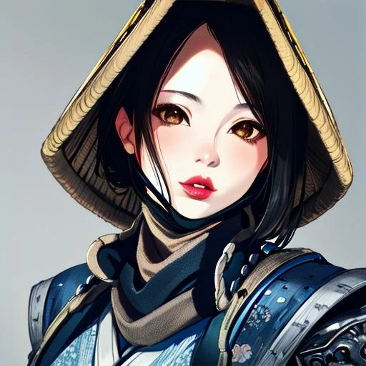 (highly detailed), (masterpiece), beautiful, digital art, upper body, (solo), ((wearing mask)),<lora:Nobushi-08:0.9> fhnobu, brown eyes, black hair, nose, lips, (holding mask), (face showing), beautiful japanese girl wearing amigasa, japanese clothing, armor,