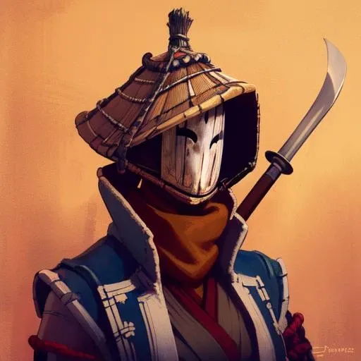 (highly detailed),digital art, (masterpiece), ((pointing naginata)), ((wearing hat)),beautiful, digital art,((upper body)), (facing viewer), (solo),<lora:Nobushi-08:0.9> fhnobu, 1girl, amigasa, japanese clothing, noh mask, wearing plain white wooden mask, no eyes