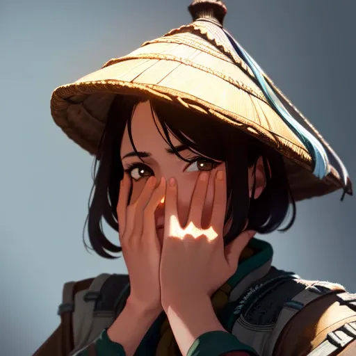 (highly detailed),digital art, (masterpiece), ((wearing hat)),beautiful, digital art,((upper body)), (facing viewer), (solo),<lora:Nobushi-08:0.9> fhnobu, 1girl, covering face, hands on face,brown eyes,<lora:Saya-covering face4:0.9> covering face,((surprised)),black hair, nose, (face showing), ((looking away from viewer))