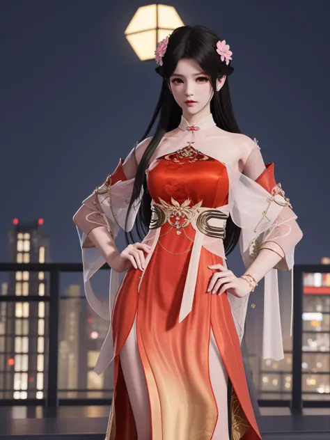 YJWJyingzipingXQNYHhuajianying, 1girl, long hair, dress, solo, black hair,jewelry, bare shoulders,see-through, obi,detached sleeves, sash,choker,chinese clothes, <lora:YJWJyingzipingXQNYHhuajianying:0.75>,looking at viewer, cityscape, night, mature female, hair flower,hand on hip,