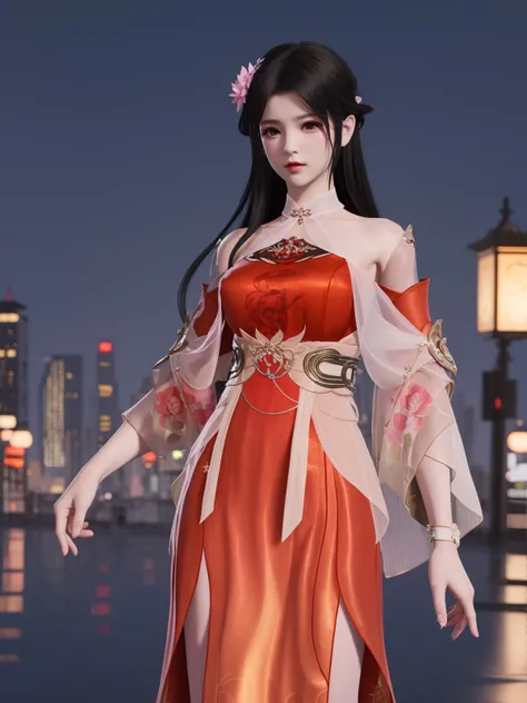 YJWJyingzipingXQNYHhuajianying, 1girl, long hair, dress, solo, black hair,jewelry, bare shoulders,see-through, obi,detached sleeves, sash,choker,chinese clothes, <lora:YJWJyingzipingXQNYHhuajianying:0.75>,looking at viewer, cityscape, night, mature female, hair flower,hand on hip,