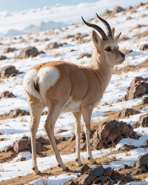 no humans, tibetan gazelle, horns, realistic, outdoors, snow, rock, grass, <lora:tibetan_gazelle_v1:0.67>