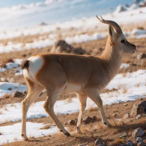 running, no humans, tibetan gazelle, horns, realistic, outdoors, snow, rock, grass, <lora:tibetan_gazelle_v1:0.7>