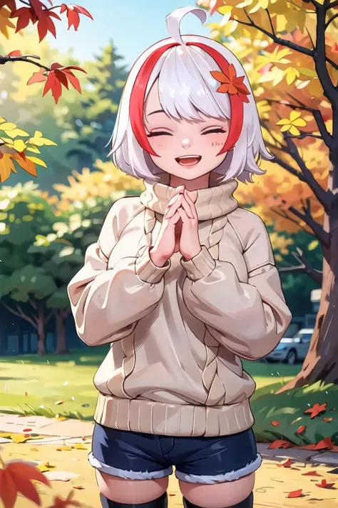 (masterpiece:1.2, best quality:1.2, highly detailed, cinematic lighting, sharp focus, perfect face, absurdres, (photorealistic:1.2))
1girl, standing, outdoorsnature, tree, autumn leaves, falling leaves, hands together, looking at viewer, closed eyes, open mouth, happy, smile
ribbed sweater, black shorts, thighhighs, ahoge
<lora:onolumi:1> onolumi