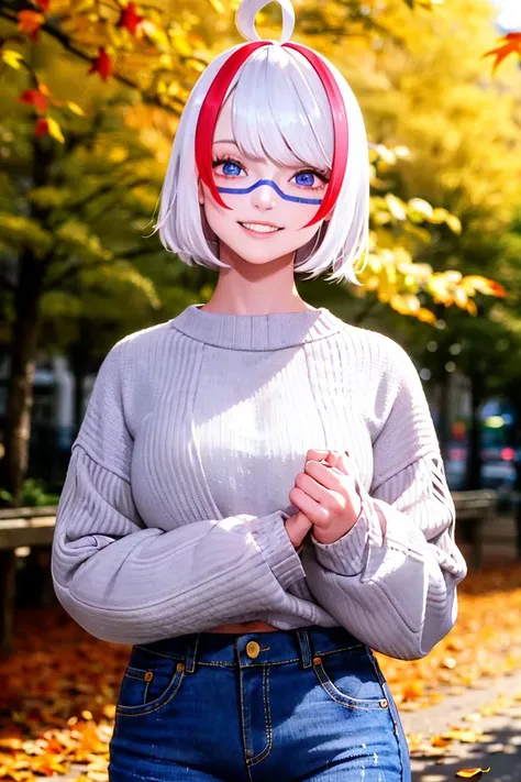 (masterpiece:1.2, best quality:1.2, highly detailed, cinematic lighting, sharp focus, perfect face, absurdres, (photorealistic:1.2))
1girl, standing, outdoors, nature, tree, autumn leaves, (falling leaves), (hands behind back), looking at viewer, grin, happy, smile
ribbed sweater, jeans, ahoge
<lora:onolumi:0.9> onolumi, white hair, red hear streak, blue eyes