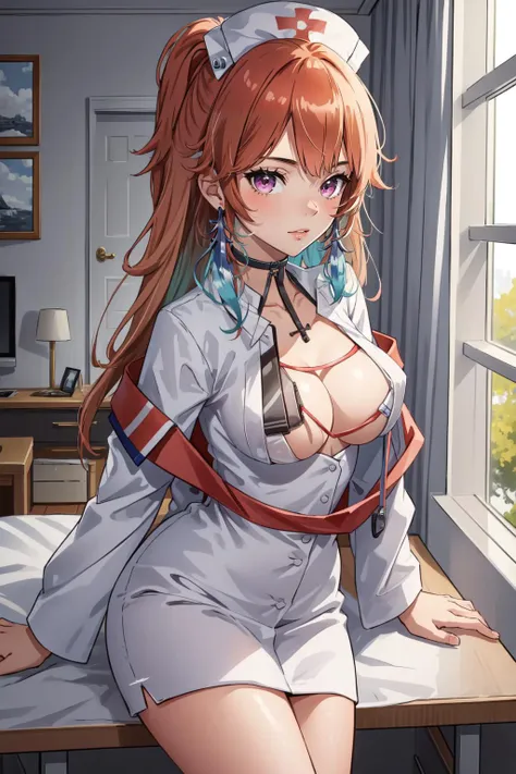 (masterpiece, best quality),  intricate details,
1girl, <lora:Kiara-LoCon32V2:0.8> tenchou, 
 <lora:CenterOpeningNurseV1:0.8> nurse, medium breasts, cleavage,