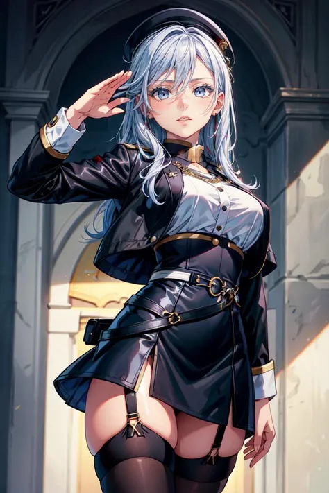 beautiful, masterpiece, best quality, extremely detailed face, perfect lighting, 1girl, vladilena milize, military uniform, black jacket, multiple belts, black skirt, garter straps, white thighhighs, standing, military salute, <lora:Vladilena Milize (Bloody Regina)_86 Eighty Six_v10Lora:0.7> , <lyco:GoodHands-beta2Locon:1>, <lora:add_detail_v10Lora:0.4>,