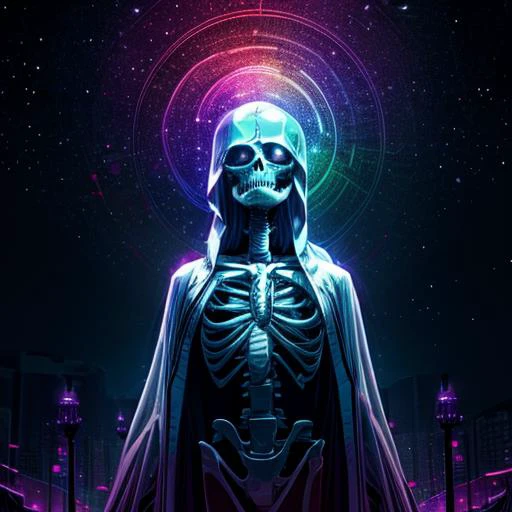 skeleton with robes , psychedelic beings, under neon rainbows, void, space, nebulosa,detailed background ,( ultra detailed:1.3), masterpiece,( best quality:1.4), (volumetric light:1.1), ( 2.5d:1.2), (highres:1.1),4k, <lora:more_details:1>, <lora:improve_backgrounds:1>