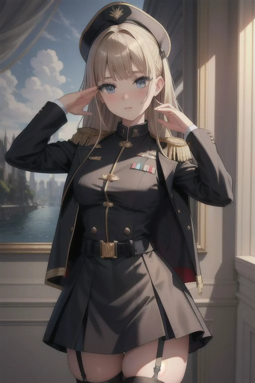 beautiful, masterpiece, best quality, extremely detailed face, perfect lighting, 1girl, vladilena milize, military uniform, black jacket, multiple belts, black skirt, garter straps, white thighhighs, standing, military salute, <lora:Vladilena Milize , <lyco:GoodHands-beta2Locon:1>, <lora:add_detail_v10Lora:0.4>,