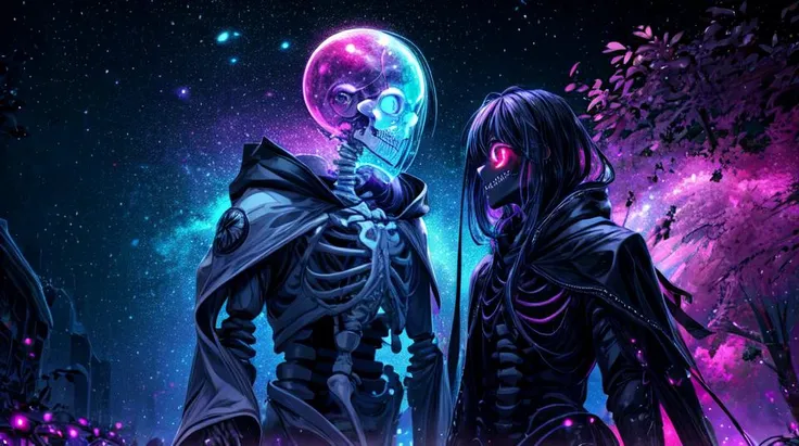 (skeleton:1.5) with robes , psychedelic beings, under neon (rainbows:2.0), void, space, nebulosa,detailed background ,( ultra detailed:1.3), masterpiece,( best quality:1.3), (volumetric light:1.4), ( 2.5d:1.2), (highres:1.1), <lora:more_details:1>, <lora:improve_backgrounds:0.9>