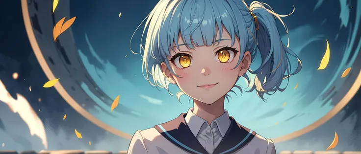 1girl, teen girl, white and gold school uniform, rolled up sleeves, pale blue hair, side ponytail, very short hair, blunt bangs, hairlockes, yellow eyes, (flirting_smile:1),  (action shot), glowing eyes, wind lift, abstract background, dramatic lighting, face focus, closed mouth,