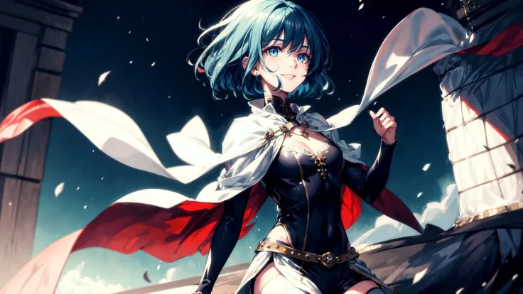(1girl:1), <lora:more_details:0.4>, (whitespace:1), (highly detailed face:1), (colorful background:1), (highly detailed eyes:1), (clear eyes:1), (dramatic lighting:1), (action shot:1), (medium shot:1), (wind lift:1), (fantasy:1), (detailed clothes:1), (short bob cut:1), (goddess:1), (flirting smile:1), (black thigh highs:1), (medieval:1),