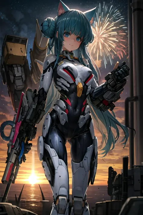 masterpiece, best quality, 1girl, solo, hair bun, blunt bangs, long hair, standing, black mecha suit, mechanical suit, sunset, fireworks in the background, blue hair, happy, fully clothed, cat ears <lora:Dishwasher-Test2-Vae-dampened:0.9> <lora:jungle:0.7>