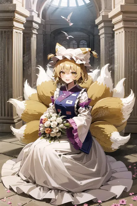 detailed background, mksks style, 1girl, solo, looking at viewer, yakumo ran, touhou, blonde hair, yellow eyes, hat, fox tails, multiple tails, frills, long sleeves, smile, wedding venue, wedding, pigeons, doves, white streamers, flowers, arch, marble pillars, sidelighting, light rays, <lora:gazedsoul:0.6>, <lora:dpep4-768-000004:0.7>, <lora:bacheally128dim:0.5>