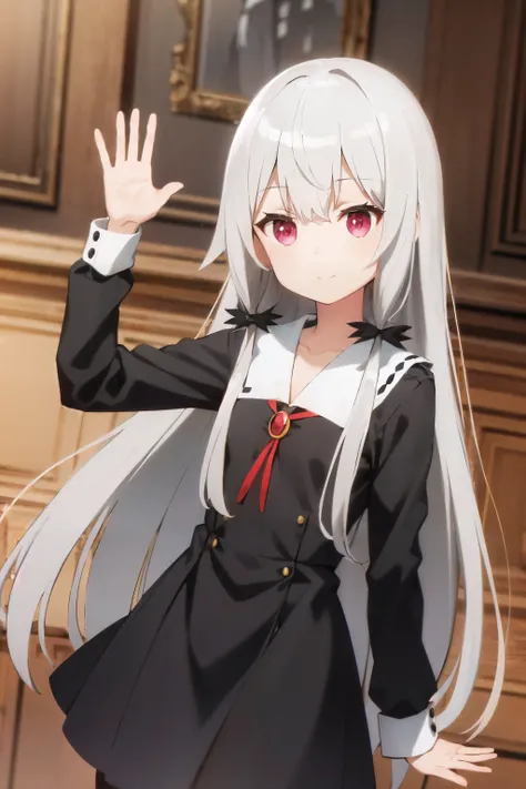<lora:SophieLycorisV2:1>normsophie, 1girl, solo, very long hair, black dress, hair between eyes, white sailor collar, brooch, red ribbon, black pantyhose, very long hair, tress ribbon, black tress ribbon, sidelocks, grey hair, looking at viewer, POV, red eyes, indoors, manga cafe, (waving, cowboy shot:1.4) slight smile, solo, small breasts, flat chest