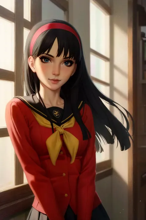 sfw, beautiful, (masterpiece:1.2), (best quality:1.2), perfect eyes, perfect face, perfect lighting, 1girl, yukiko amagi, school uniform, hairband, maestronoob art style<lora:yukikoAmagiPersona4_v10:1>, <lora:themaestronoobStyle_v10:1>