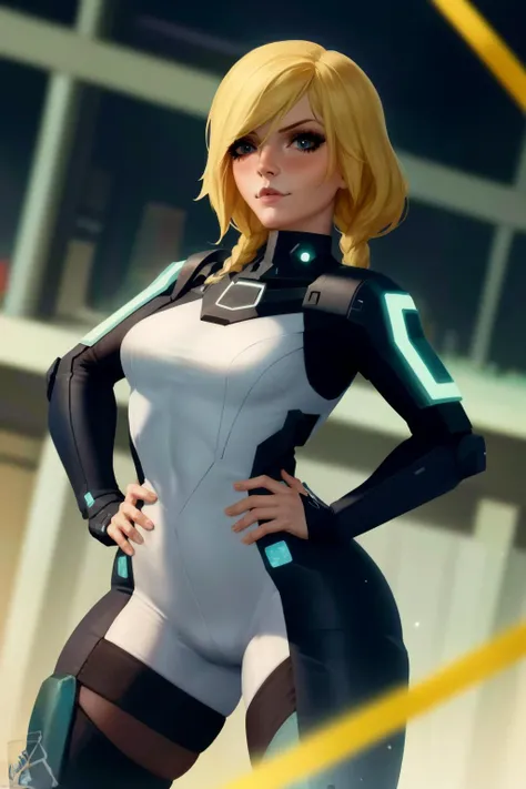 sfw, beautiful, (masterpiece:1.2), (best quality:1.2), perfect eyes, perfect face, perfect lighting, 1girl, hands on hips, cyberpunk clothes, braided blonde hair, blue eyes, cyberpunk backgrouns, maestronoob art style <lora:themaestronoobStyle_v10:1>