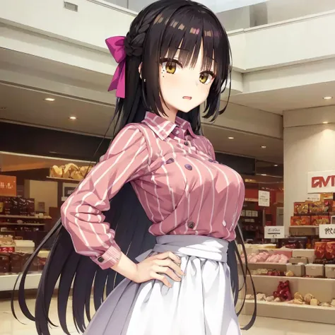 solo, Natsume, black hair, yellow eyes, mole under eye, long hair, hair bow, vertical-striped shirt, collared shirt, frilled skirt, waist apron, print apron, buttons, sleeves past elbows, arms on hips, (shopping mall:1.1)