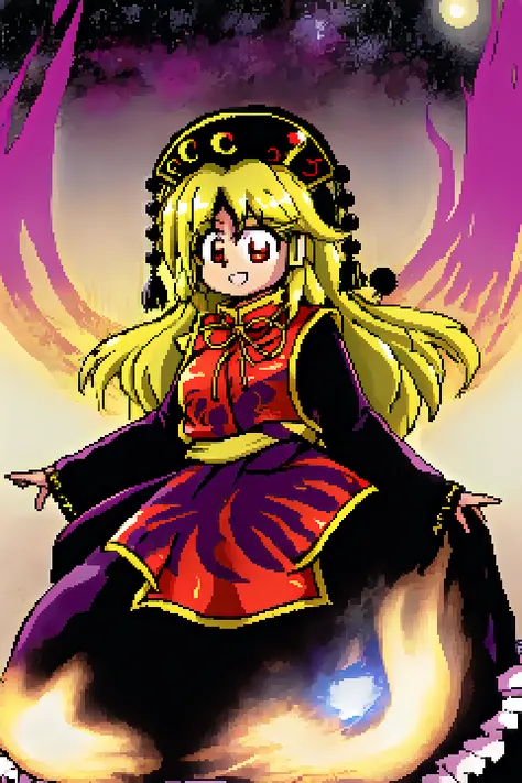 1girl, solo, junko \(touhou\), long hair, blonde hair, red eyes, black headwear, black dress, long sleeves, tabard, smile, open mouth, looking at viewer, standing, spread arms, spectral tails, purple fire, space, stars <lora:char-junko-8dim:1> <lora:pc98:1>