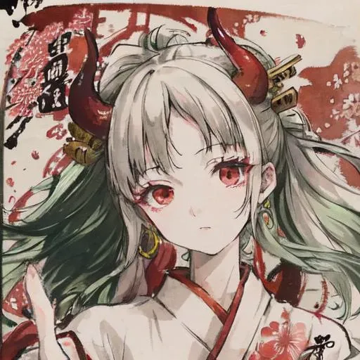 <lora:yamatowanpi3_64dim-5e-5:1>,white kimono,white hair,green colored hair tips,horns, inside japanase castle,yamato, <lora:shuimobysimV3:0.75>,traditional chinese ink painting,negative space,(chinese character),lookint at viewer,dynamic pose,red cherry blossom falling,(watery ink stain:0.5)
