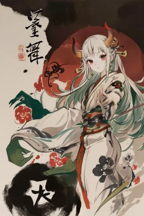 <lora:yamatowanpi3_64dim-5e-5:1>,white kimono,white hair,green colored hair tips,horns, inside japanase castle,yamato, <lora:shuimobysimV3:0.75>,traditional chinese ink painting,negative space,chinese character behind,lookint at viewer,dynamic pose