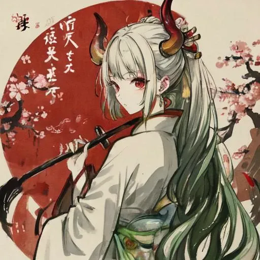 <lora:yamatowanpi3_64dim-5e-5:1>,white kimono,white hair,green colored hair tips,horns, inside japanase castle,yamato, <lora:shuimobysimV3:0.75>,traditional chinese ink painting,negative space,(chinese character),lookint at viewer,from the side,red cherry blossom falling,(watery ink stain:0.5),sword in hand