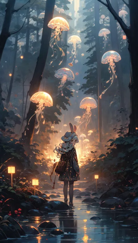 masterpiece, best quality, extremely detailed, detailed background, detailed face, 1girl, stuffed toy, pink headwear, long hair, solo, hat, teddy bear, red eyes, grey hair, heart, pink dress, dress, bow, matching background, looking at viewer, mob cap, blush, v, long sleeves, hair bow, bangs, (rabbit ears, wavy hair:1.2), animal ear fluff, food in front, full body, chestnut mouth, black pantyhose, outdoors, jellyfishforest, red jellyfish, tree, forest, scenery, landscape
<lora:candy128dim-epoch-000007:0.4> <lora:retsina128dim-epoch-000008:0.6> <lora:jellyfish-noise:1>