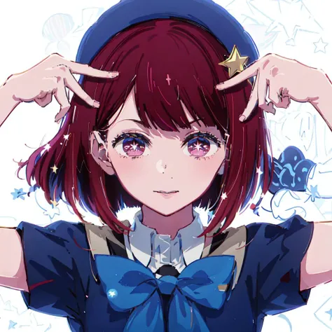 masterpiece,kanaarima,hat,short hair,1girl,solo,limestone,school uniform,full body,sit,<lora:kanav2:0.7> ,ai's pose,double v, symbol-shaped pupils,<lora:Hoshino Ai's Pose:0.8>,star (symbol)