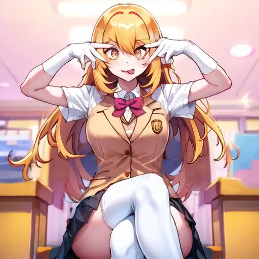 <lora:Hoshino Ai's Pose:1>, (((((ai's pose))))), (masterpiece, best quality:1), (((;p))), v, (((symbol-shaped pupils))), best quality, highres, 1girl, shokuhou misaki, long hair, tokiwadai school uniform, school uniform, double v, blonde hair, +_+, thighhighs, gloves, skirt, sweater vest, white thighhighs, white gloves, elbow gloves, yellow eyes, pleated skirt, short sleeves, large breasts, <lora:shokuhou_misaki_v10:0.6>, jacket, blazer, sitting, crossed legs,