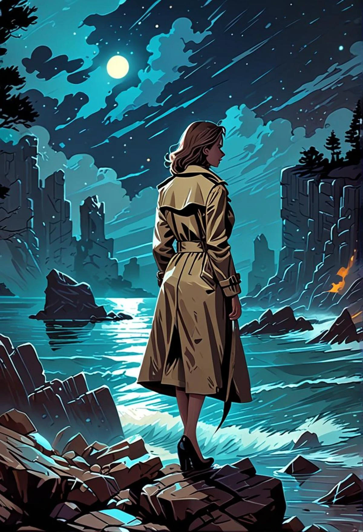 a woman in a trench coat standing on a rocky shore at night, poster art by dan mumford, artstation, digital art, gorgeous digital painting, stunning digital painting, background artwork, <lora:sdxl_lightning_8step_lora.safetensors:0.7>