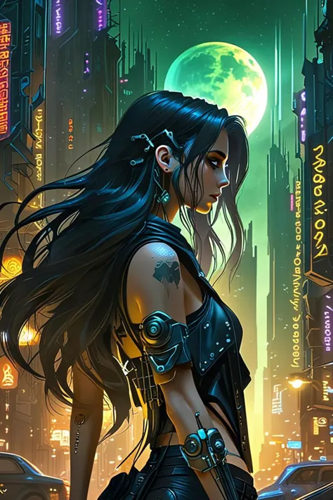 in a surreal world of digital dreams, flowing hair cascades down her shoulders and back, sci fi cyberpunk city street, in a world of bones and shadows, score_5_up, where the moon casts an eerie glow on the haunted forests, <lora:sdxl_lightning_8step_lora.safetensors:0.6>