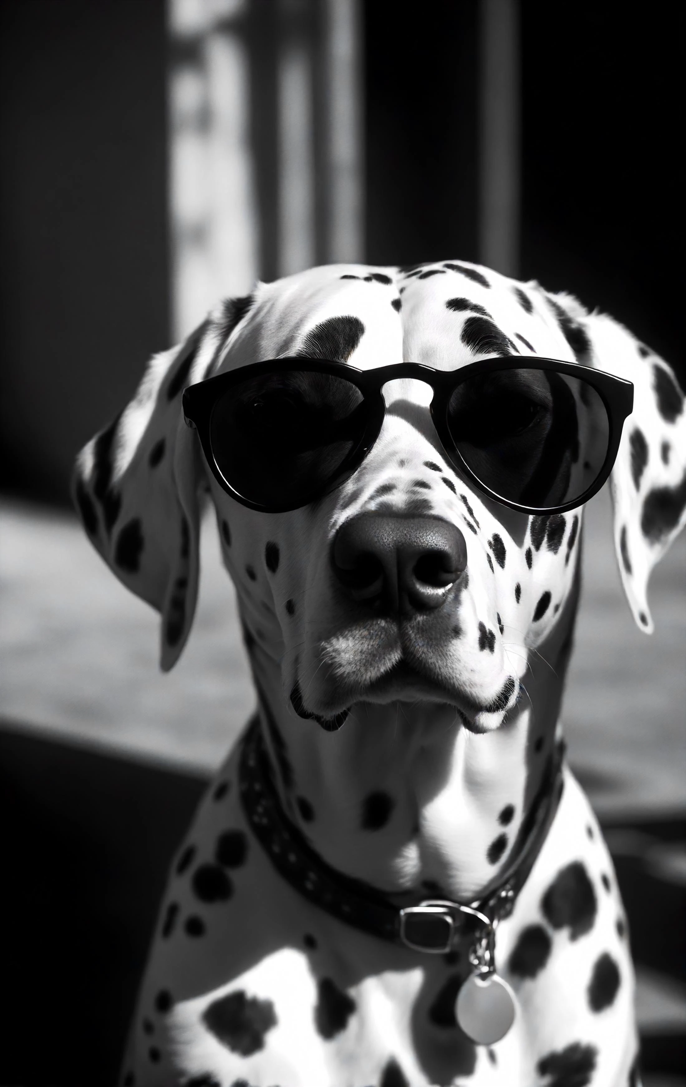 (monochrome, black and white:1.4), natural photography of a Dalmatian, sunglasses, cinematic, detailed shadow, <lora:casting shadow style v2:1> casting shadow style,