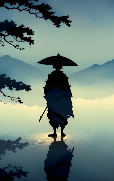 Ukiyo-e Art, ukiyo-e, cinematic shadow, silhouette, standing, fog, gray skies, cinematic lighting, horizon, water drop, epic, 
<lora:Ukiyo-e Art:1>