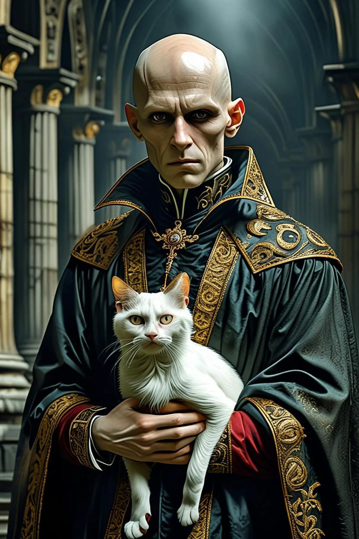 the image portrays a bald, stern looking man with elongated ears, possibly of a vampire or other supernatural creature. he is dressed in a dark, ornate coat with intricate details and a high collar. the man holds a small white cat in his arms, and the cat appears to be looking up at him with a sense of trust. the background is dark and misty, with faint outlines of buildings and possibly a cathedral or church tower. the overall mood of the image is somber and mysterious., <lora:sdxl_lightning_8step_lora.safetensors:0.6>