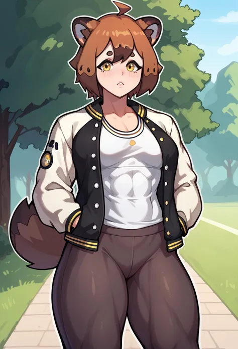score_9, score_7_up BREAK outdoors,tanukiwers, raccoon girl, animal ears, raccoon tail, yellow eyes, short hair, ahoge, multicolored hair, medium breasts, toned,letterman jacket, open jacket, white shirt, black pants, yoga pants,thick thighs,hands in pockets,looking at viewer <lora:TanukiWersmanPDXL_V1-Manityro-CAME:0.8>