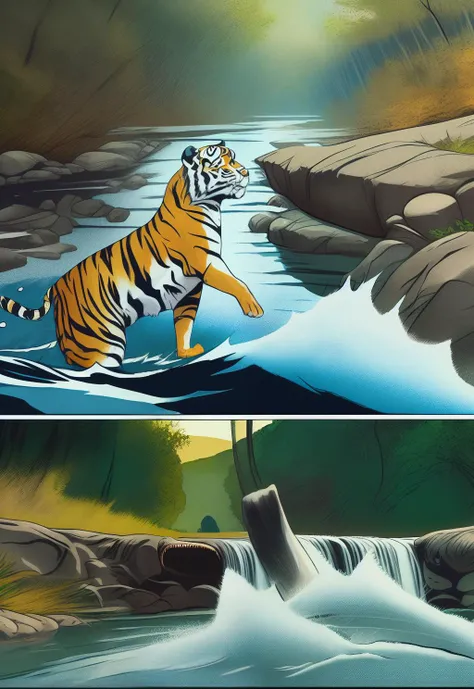 tiger falling in a river